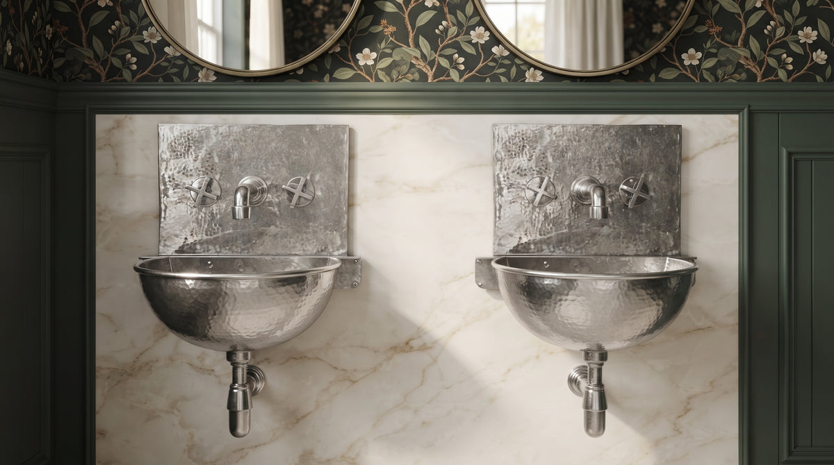 Two silver wall-mounted sinks with matching backsplashes, faucets, and exposed drainpipes against white marble, framed by dark green paneling.