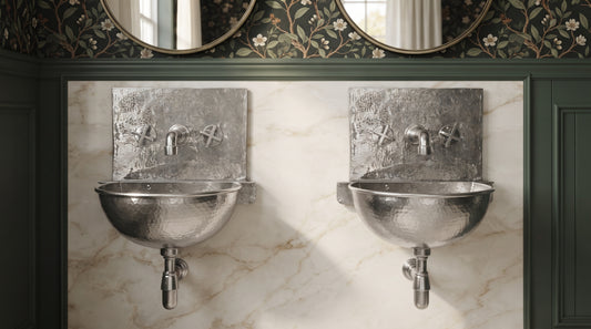 Two silver wall-mounted sinks with matching backsplashes, faucets, and exposed drainpipes against white marble, framed by dark green paneling.