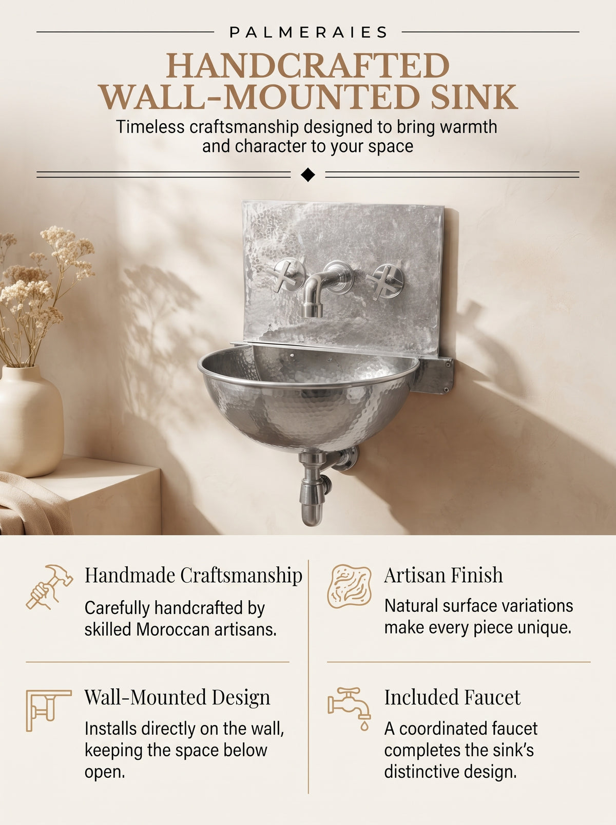 Palmeraies silver wall-mounted sink poster highlighting handmade craftsmanship, artisan finish, wall-mounted design, and included faucet.