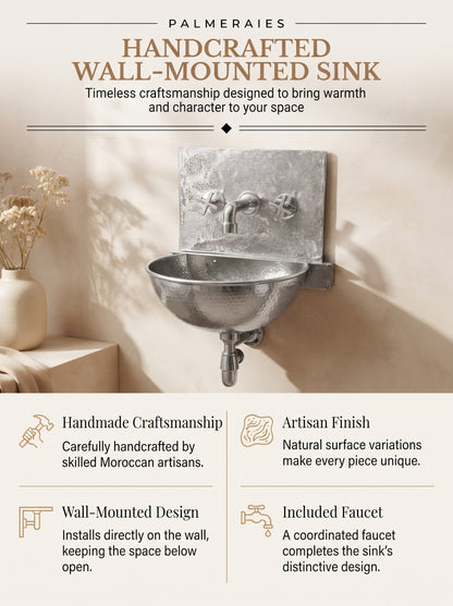 Palmeraies silver wall-mounted sink poster highlighting handmade craftsmanship, artisan finish, wall-mounted design, and included faucet.