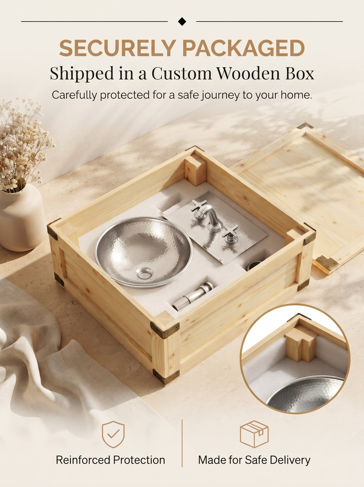 Silver sink, faucet, backplate, and plumbing components secured in fitted white foam inside an open wooden shipping box beneath “Securely Packaged” text.