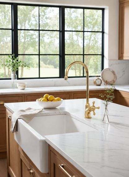Handmade unlacquered brass gooseneck kitchen faucet with cross handle on a white marble island with farmhouse sink and natural wood cabinetry.