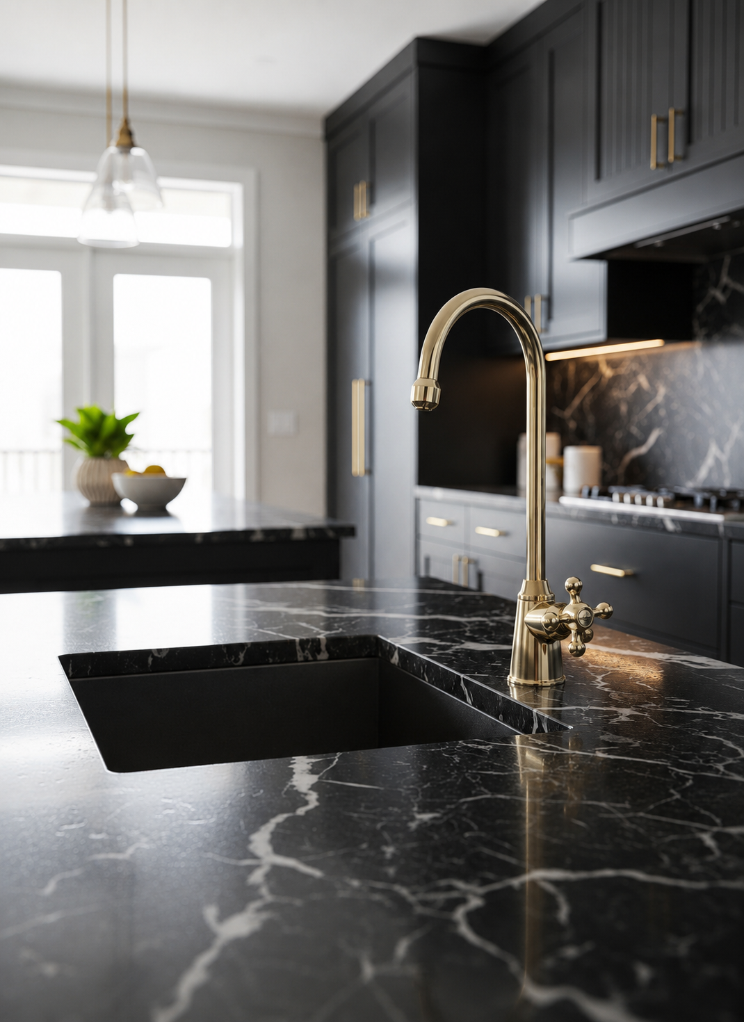 Classic unlacquered brass kitchen faucet with cross handle installed on a black marble countertop in a modern kitchen.