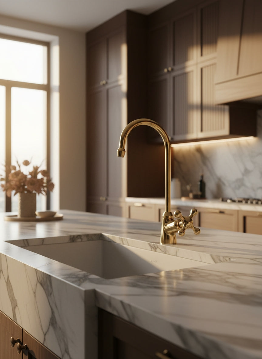 Traditional unlacquered brass kitchen faucet with cross handle mounted on a marble island in a warm contemporary kitchen.