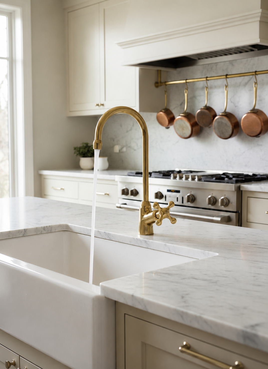Handmade unlacquered brass single-hole kitchen faucet with cross handle installed on a white marble countertop above a farmhouse sink.