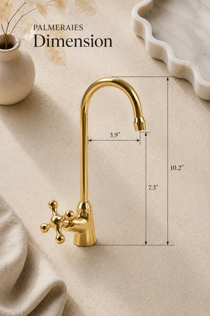 Dimension diagram of a handmade unlacquered brass single-hole kitchen faucet with cross handle, showing overall height, spout reach, and spout clearance.