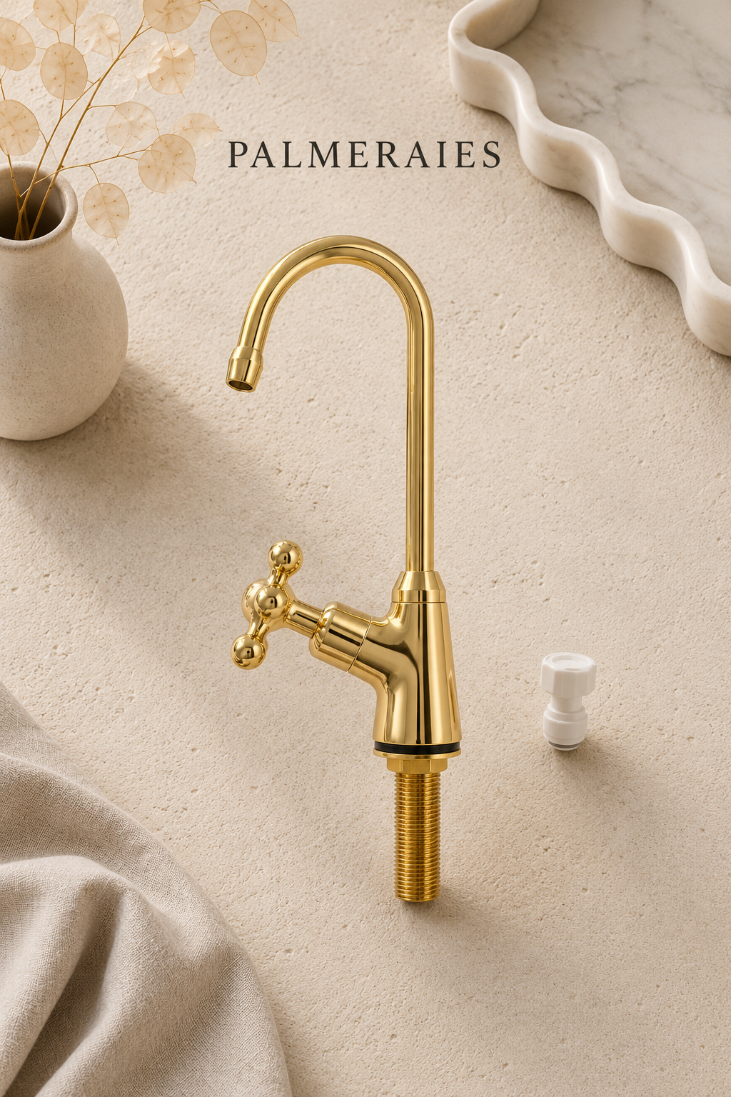 Handmade unlacquered brass single-hole kitchen faucet with a classic cross handle, high-arc gooseneck spout, and included installation adapter displayed on a neutral background.