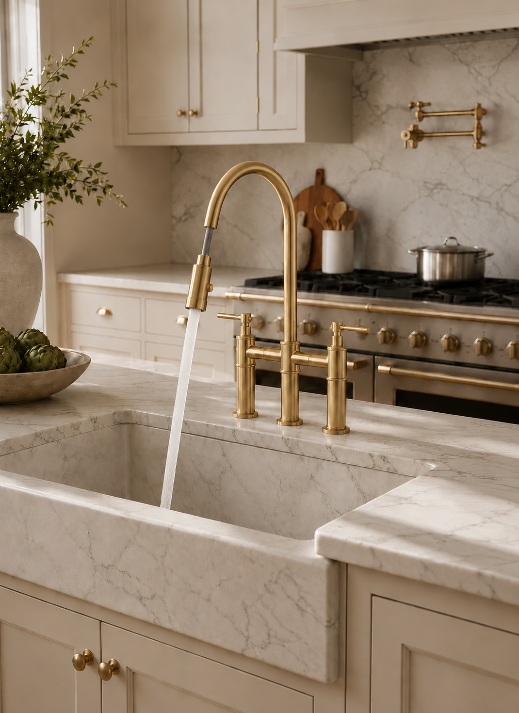 Solid Brass Bridge Kitchen Faucet with Pull Down Sprayer