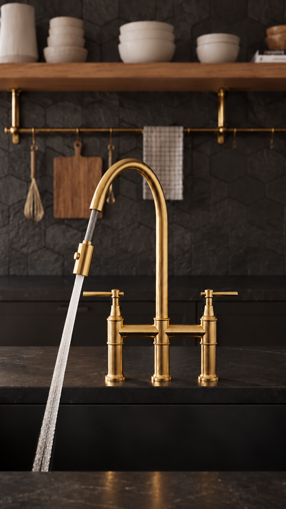 Solid Brass Bridge Kitchen Faucet with Pull Down Sprayer