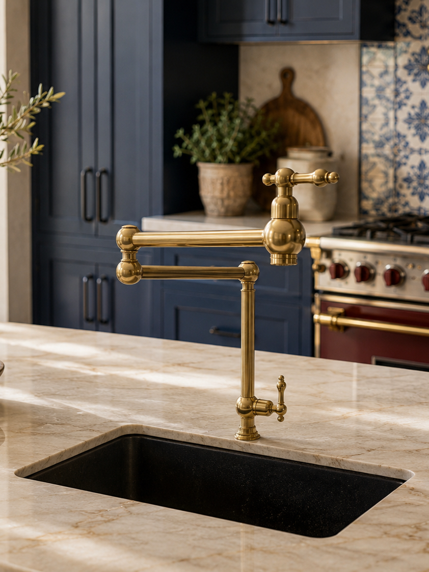 Solid brass folding kitchen faucet installed on a marble countertop above a black undermount sink in a luxury kitchen.