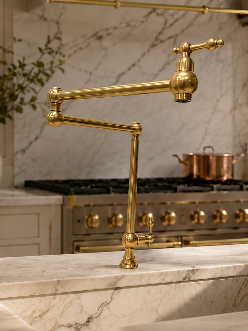 Traditional brass folding kitchen faucet installed on a marble countertop in a luxury kitchen with professional range.