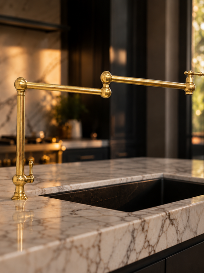Close-up of a handcrafted solid brass folding kitchen faucet installed on a marble countertop with fully extended swing arm.