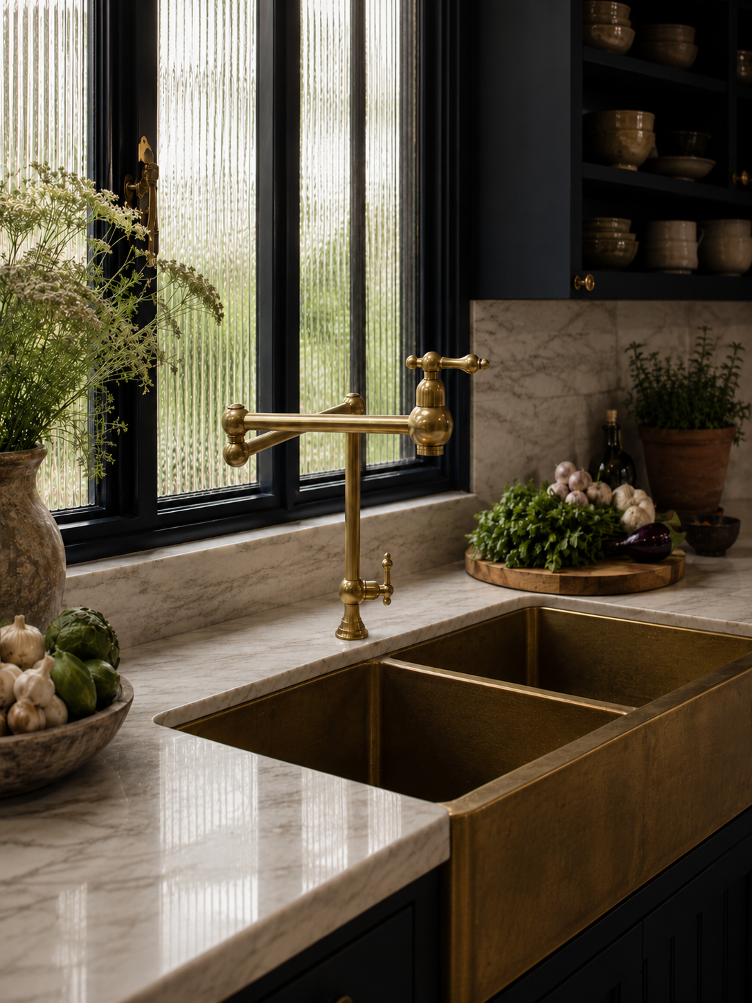 Solid brass articulating kitchen faucet mounted beside a farmhouse brass sink beneath large black-framed windows.