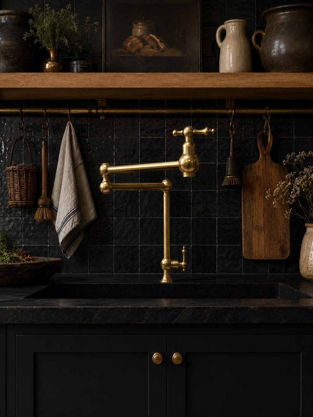 Luxury folding brass kitchen faucet installed over a black stone sink with handcrafted black tile backsplash.