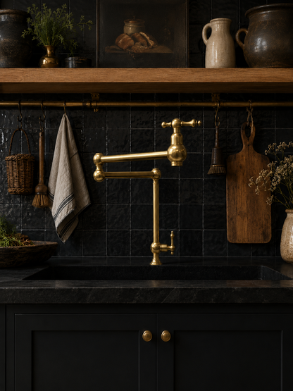 Luxury folding brass kitchen faucet installed over a black stone sink with handcrafted black tile backsplash.