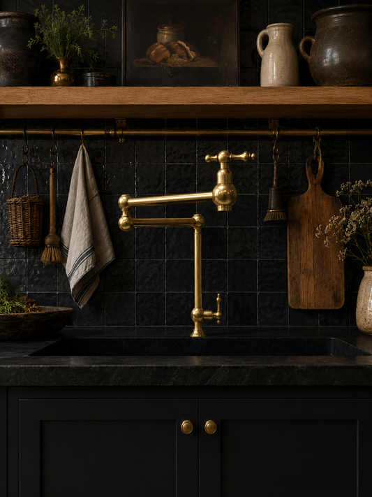 Luxury folding brass kitchen faucet installed over a black stone sink with handcrafted black tile backsplash.