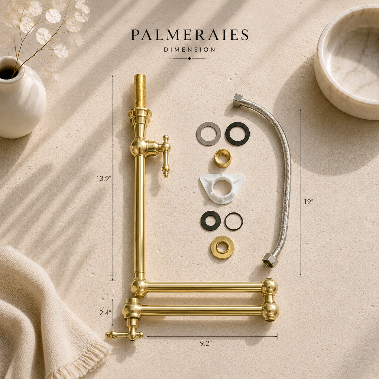 Package contents of the solid brass folding kitchen faucet with mounting hardware, supply hose, washers, and installation accessories.