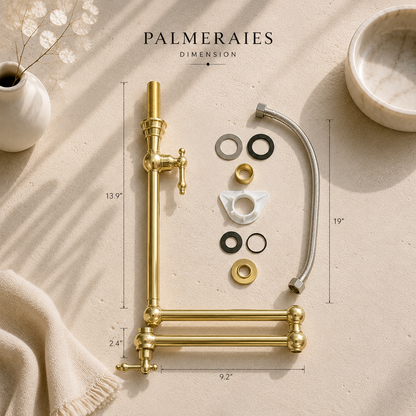 Package contents of the solid brass folding kitchen faucet with mounting hardware, supply hose, washers, and installation accessories.