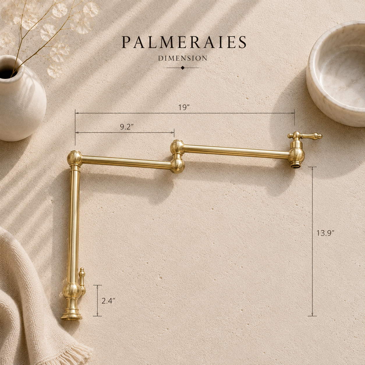Dimension diagram of handcrafted solid brass folding kitchen faucet showing overall height, reach, and installation measurements.