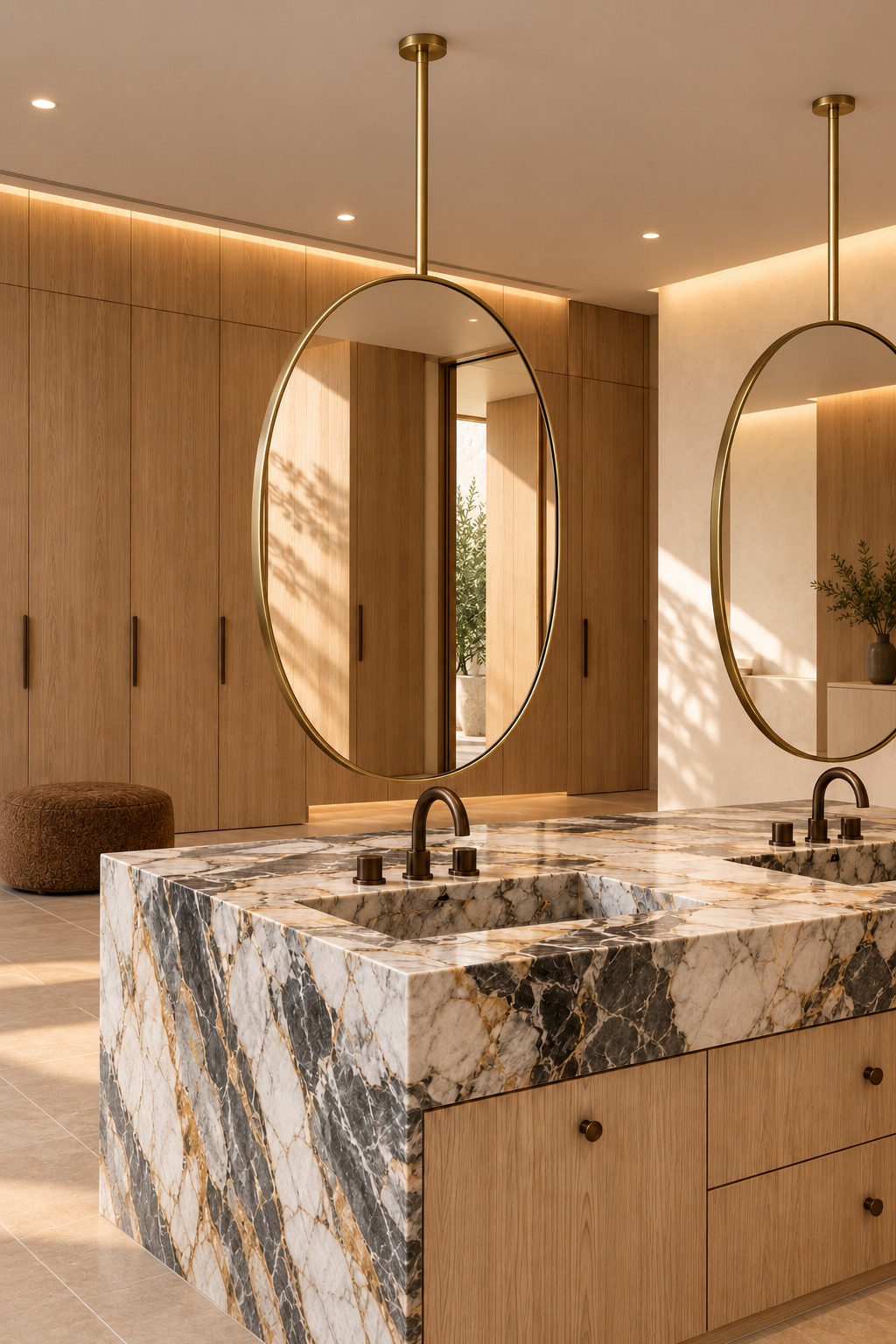A modern bathroom vanity featuring a large marble countertop with black, white, and gold veining, integrated double sinks with matte black faucets, round gold-framed mirrors, and light wood cabinetry.