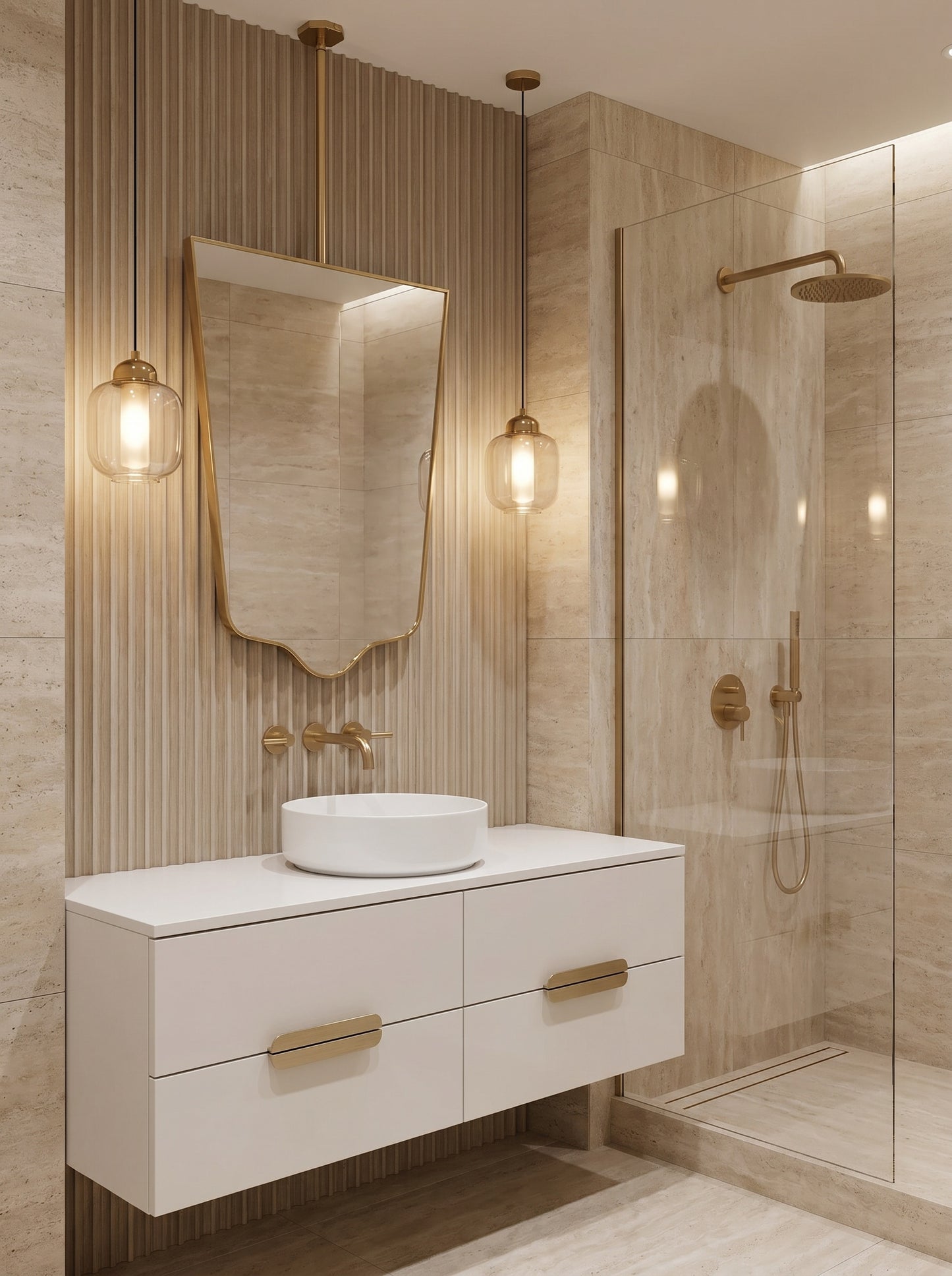 Luxury hanging brass mirror with geometric shield silhouette in a modern bathroom.