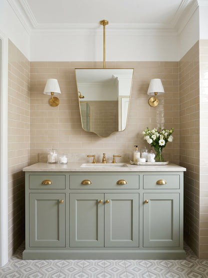 Ceiling-mounted brass vanity mirror with sculptural tapered design above a classic bathroom cabinet.