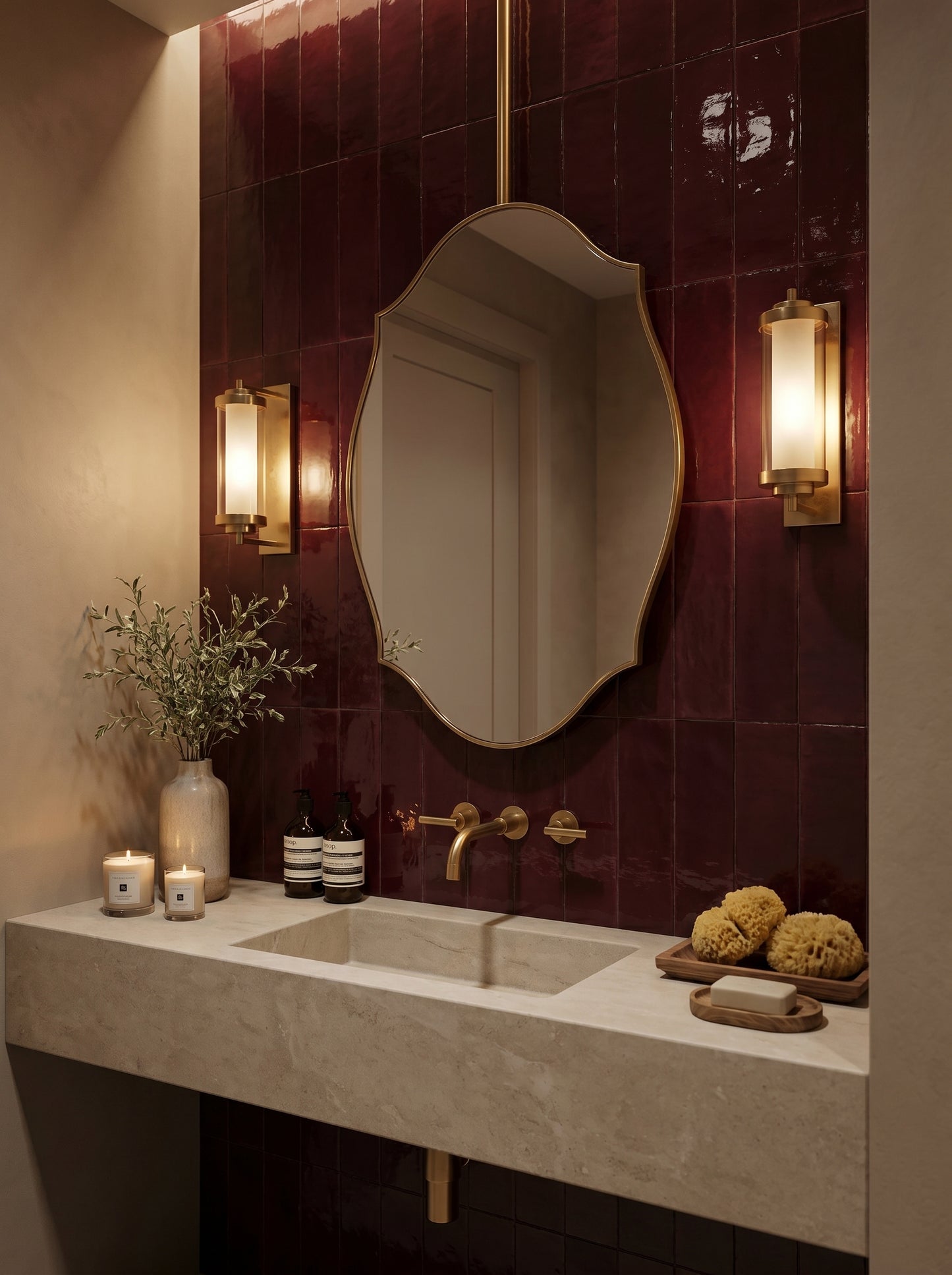 Luxury ceiling-mounted brass mirror with scalloped edges styled over a stone vanity against glossy burgundy tiles.
