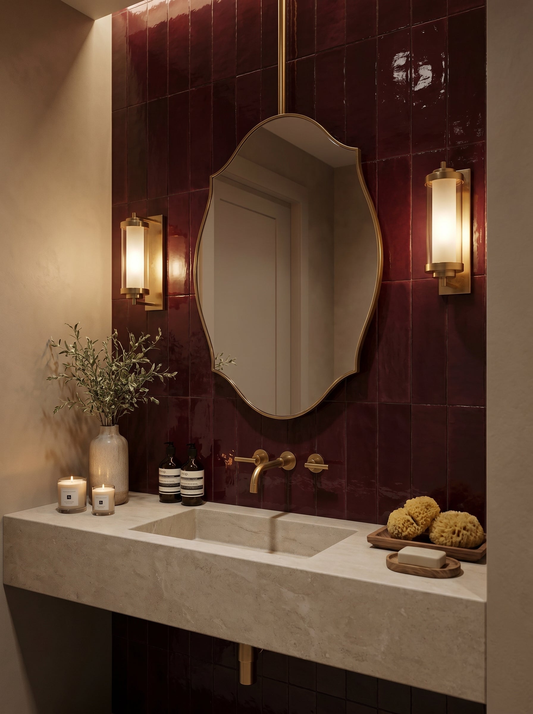 Luxury ceiling-mounted brass mirror with scalloped edges styled over a stone vanity against glossy burgundy tiles.