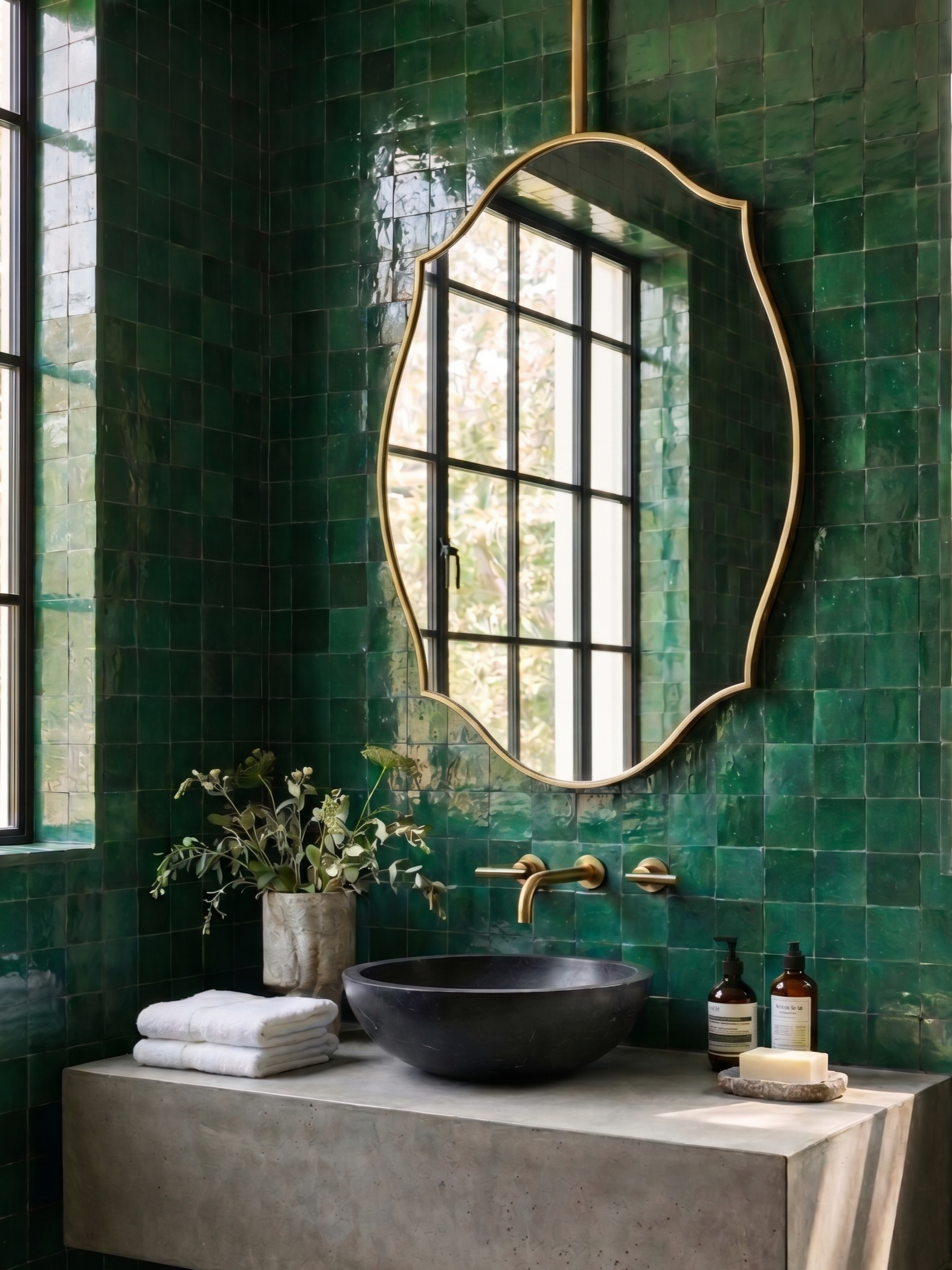 Suspended scalloped brass mirror with an organic shield shape above a floating concrete vanity in a green tiled bathroom.