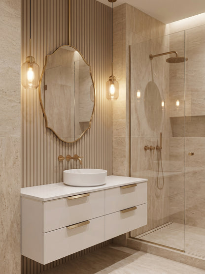 Ceiling-mounted scalloped brass mirror in a luxury bathroom with floating white vanity.