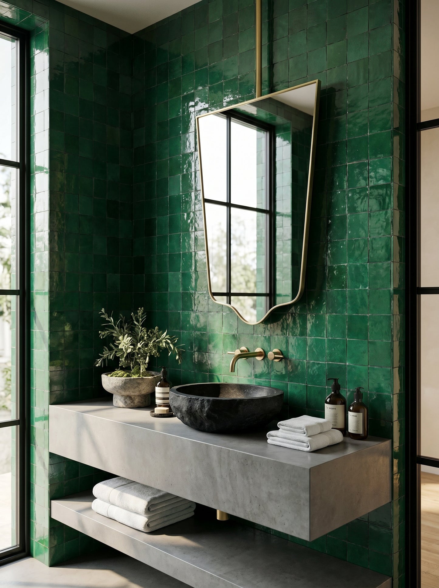 Suspended geometric brass mirror above a floating concrete vanity with emerald green zellige tiles and a black vessel sink.