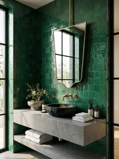 Suspended geometric brass mirror above a floating concrete vanity with emerald green zellige tiles and a black vessel sink.