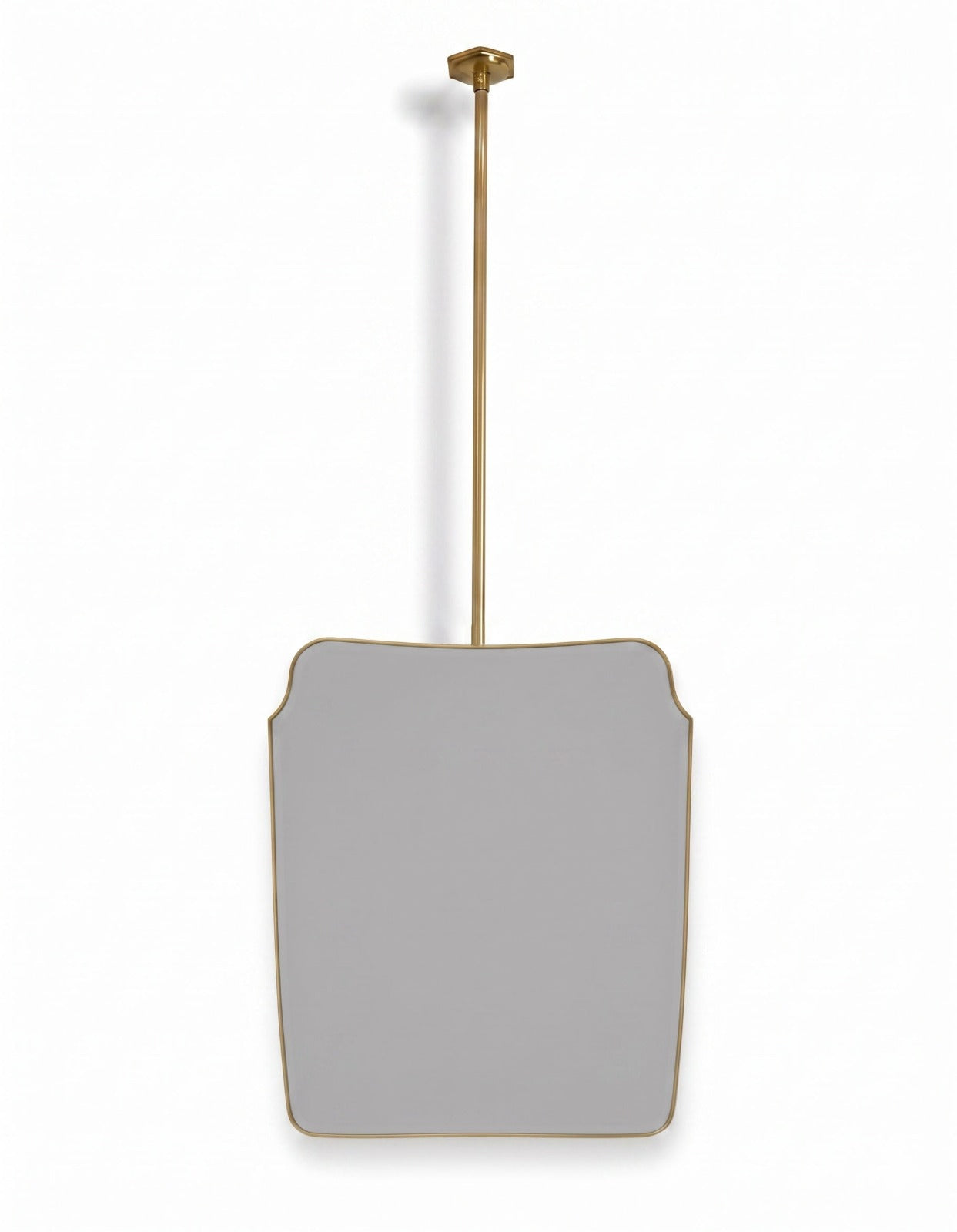 Handmade brass hanging mirror with curved crest silhouette on a white background.