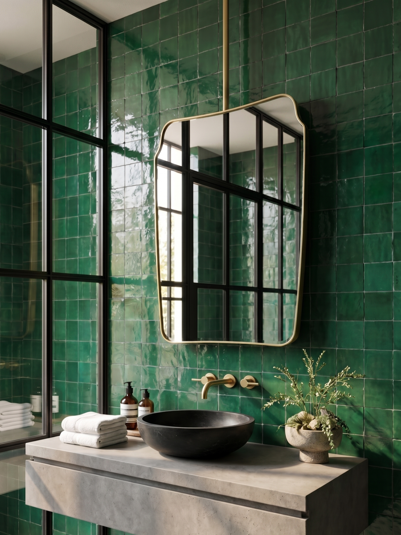 Hanging brass mirror in a luxury green tiled bathroom with a black vessel sink and wall-mounted brass faucet.
