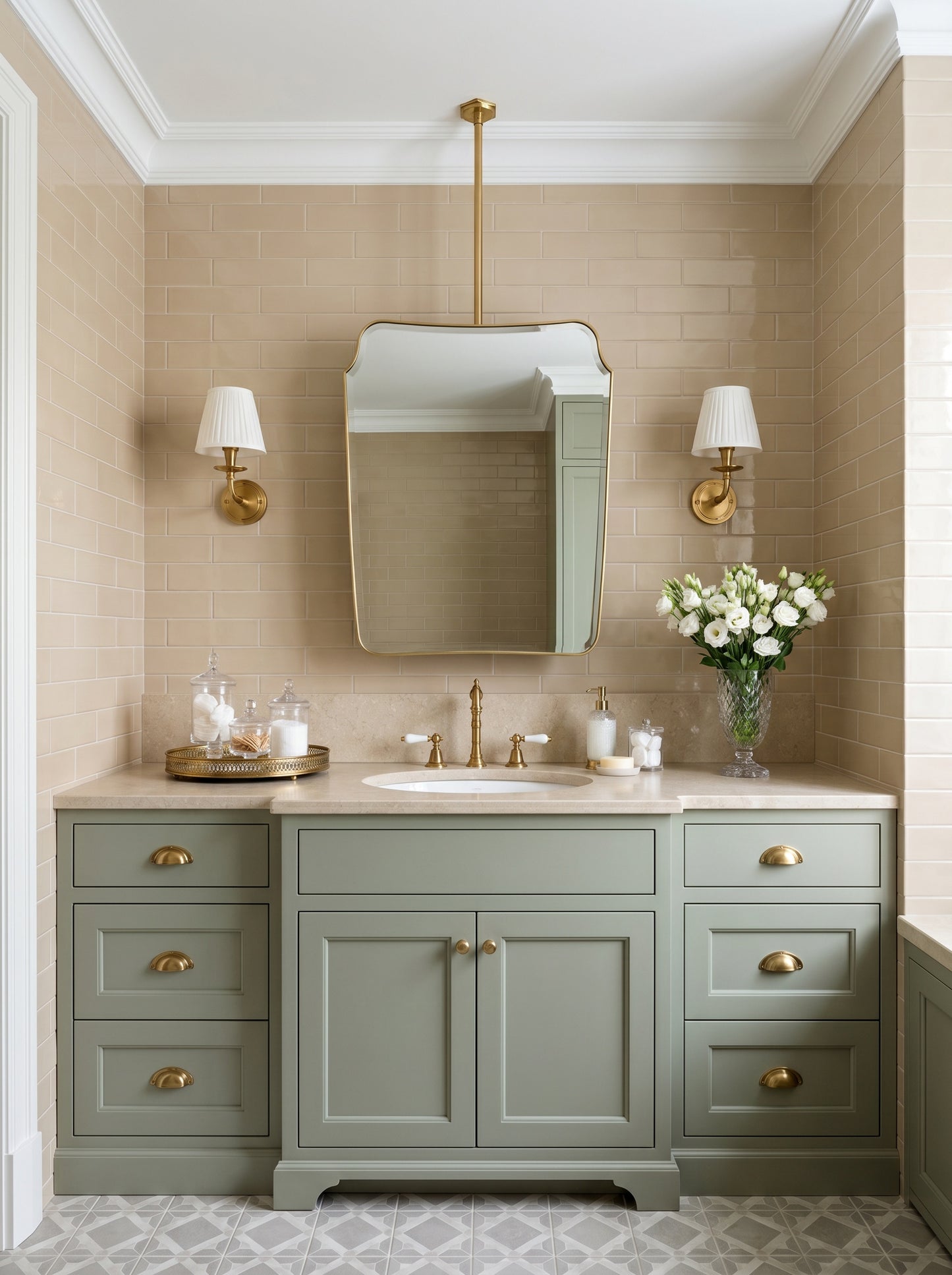 Decorative hanging brass mirror with sculptural curved frame in a classic bathroom.