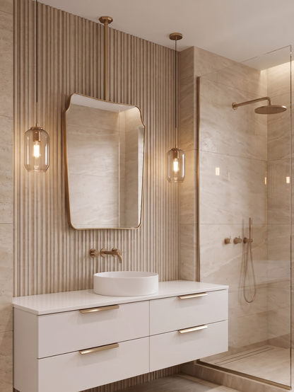 Suspended curved crest brass mirror above a modern floating bathroom vanity.
