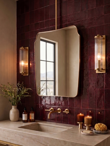 Suspended architectural brass mirror above a stone vanity with burgundy zellige tiles and brass sconces.