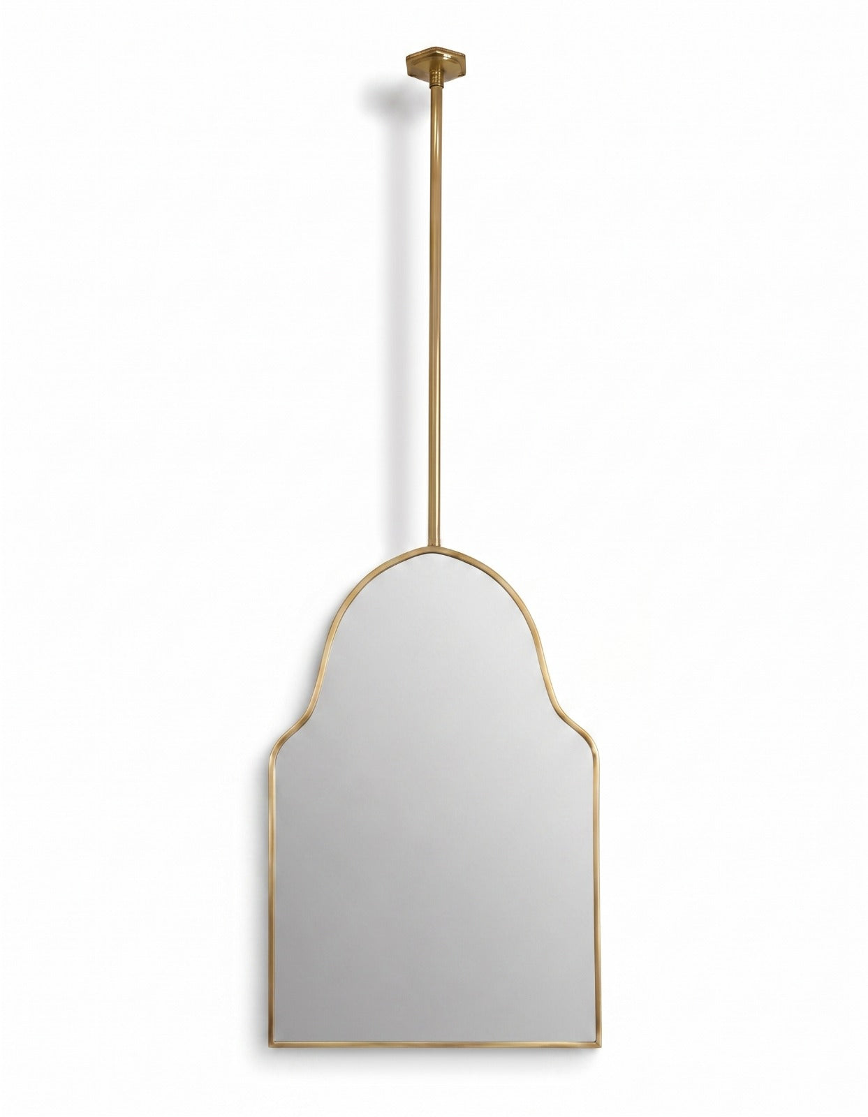 Suspended architectural arch mirror with slim brass frame on a clean white background.