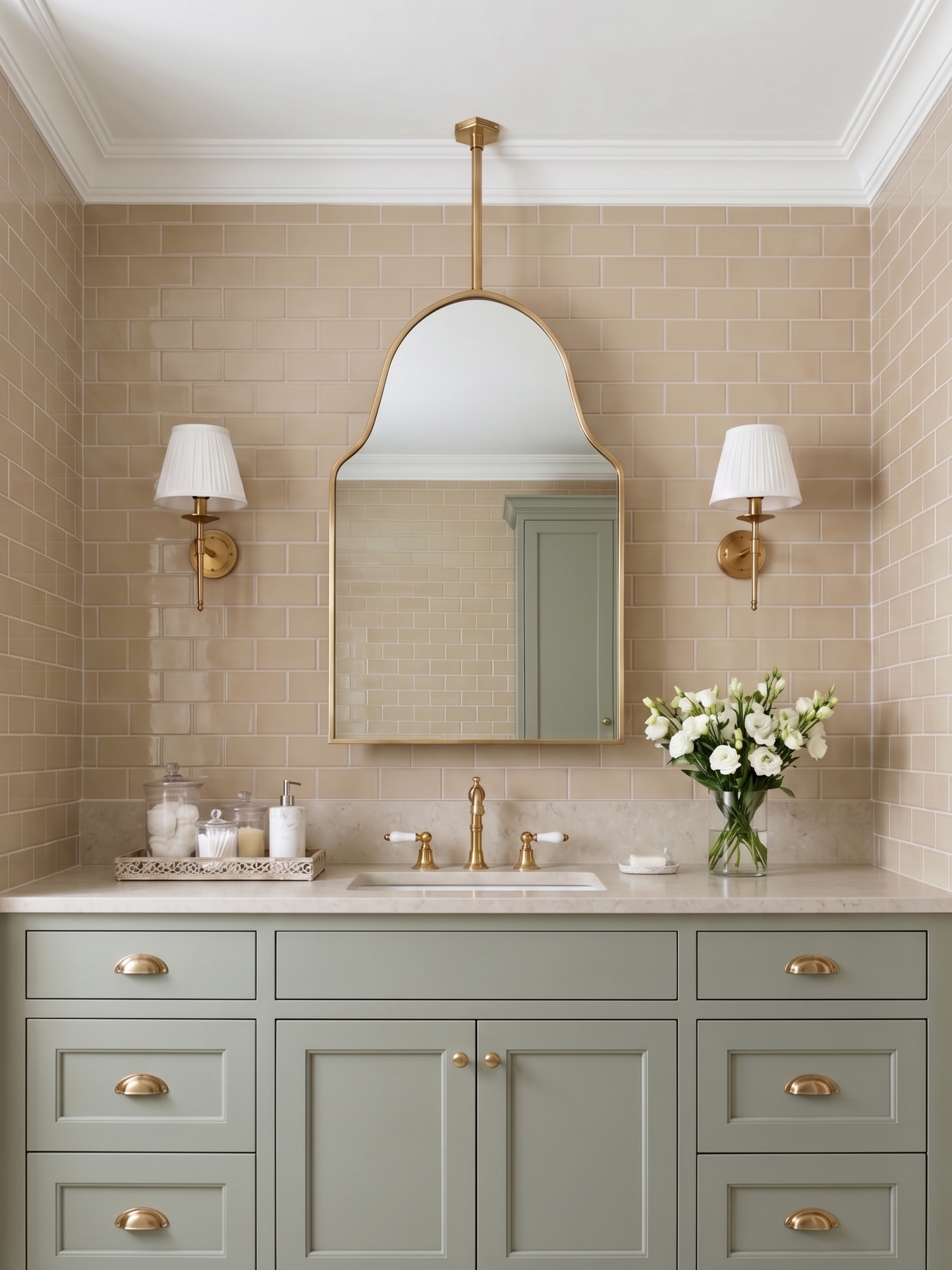 Handmade arch brass mirror hanging above a sage green vanity with classic brass fixtures.