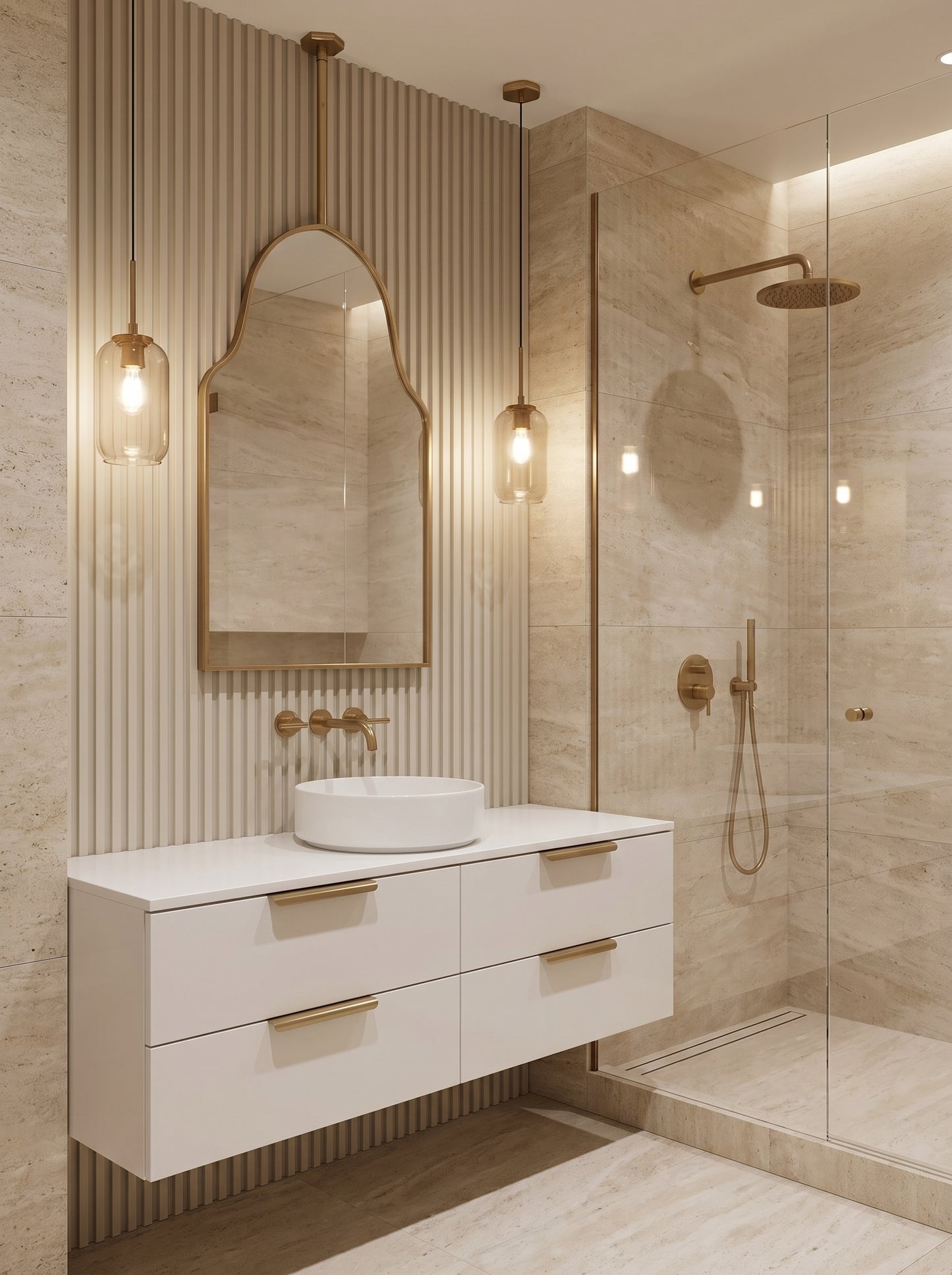 Suspended brass arch mirror above a floating vanity in a contemporary beige bathroom.