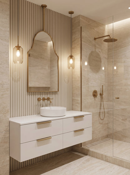 Suspended brass arch mirror above a floating vanity in a contemporary beige bathroom.