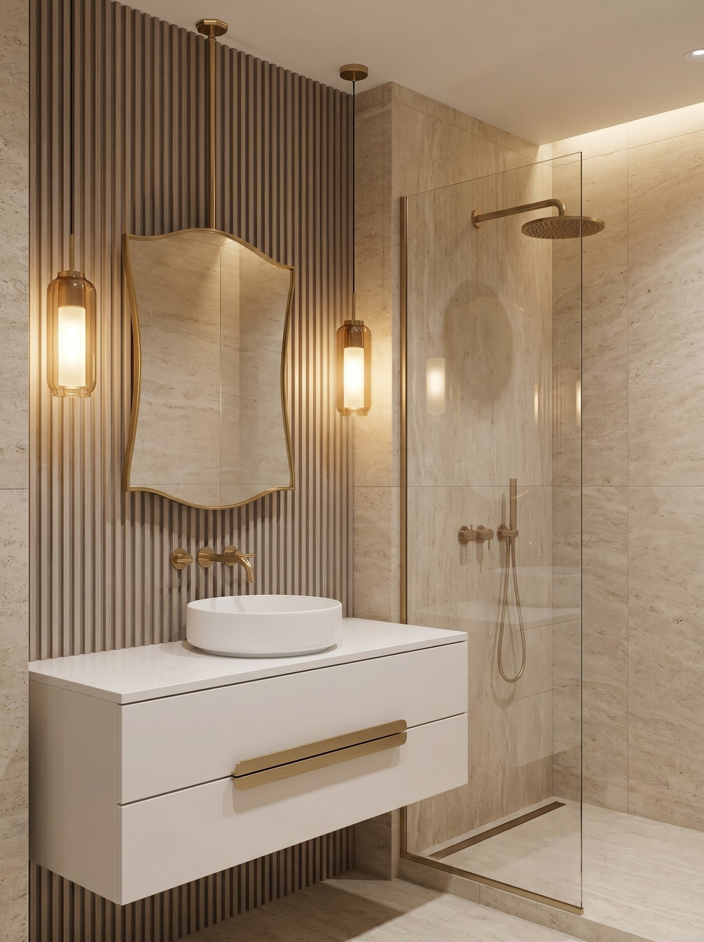 Luxury hanging brass mirror in modern bathroom with floating white vanity and glass shower enclosure