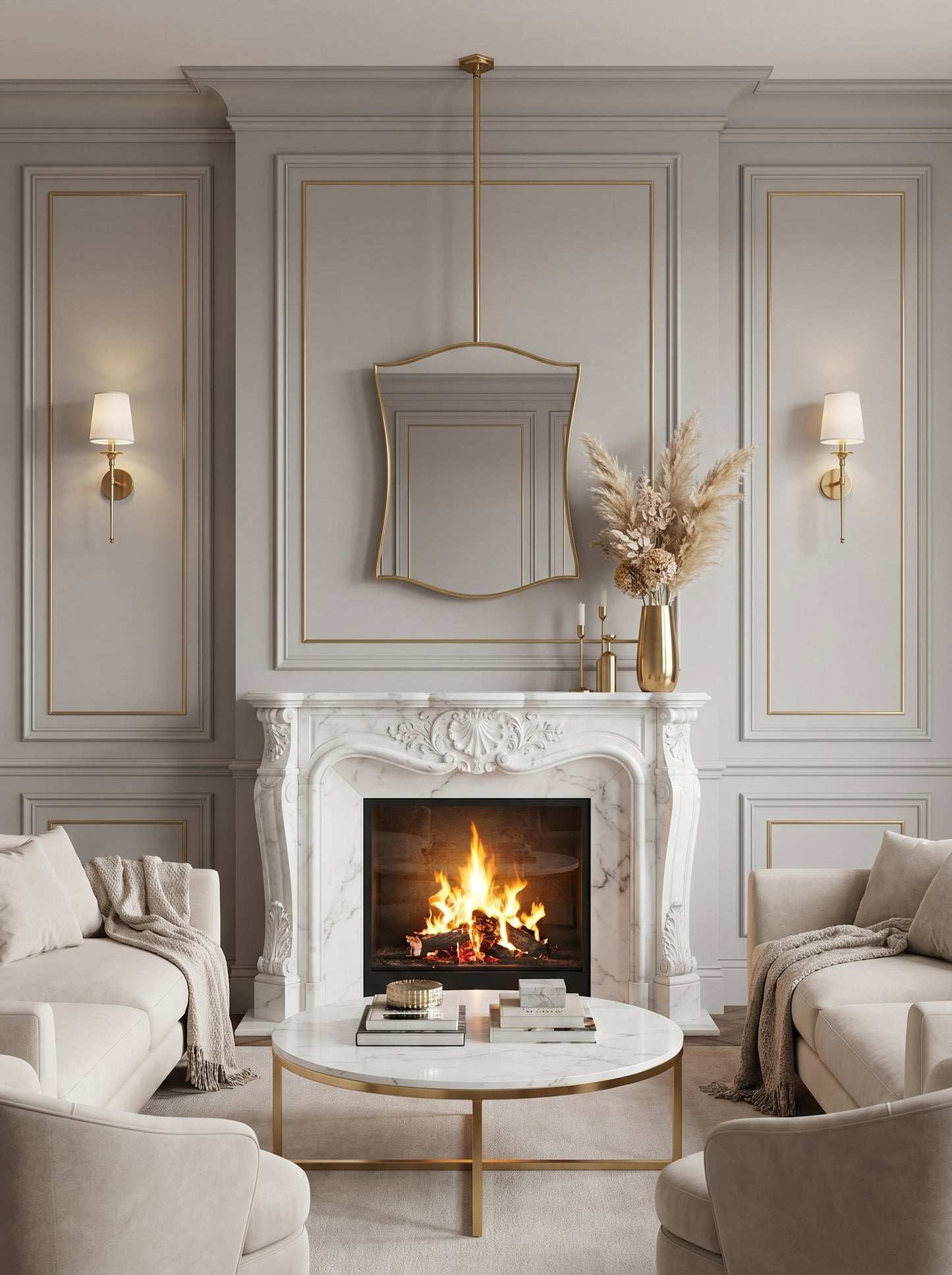 Suspended wavy brass mirror above marble fireplace in elegant living room