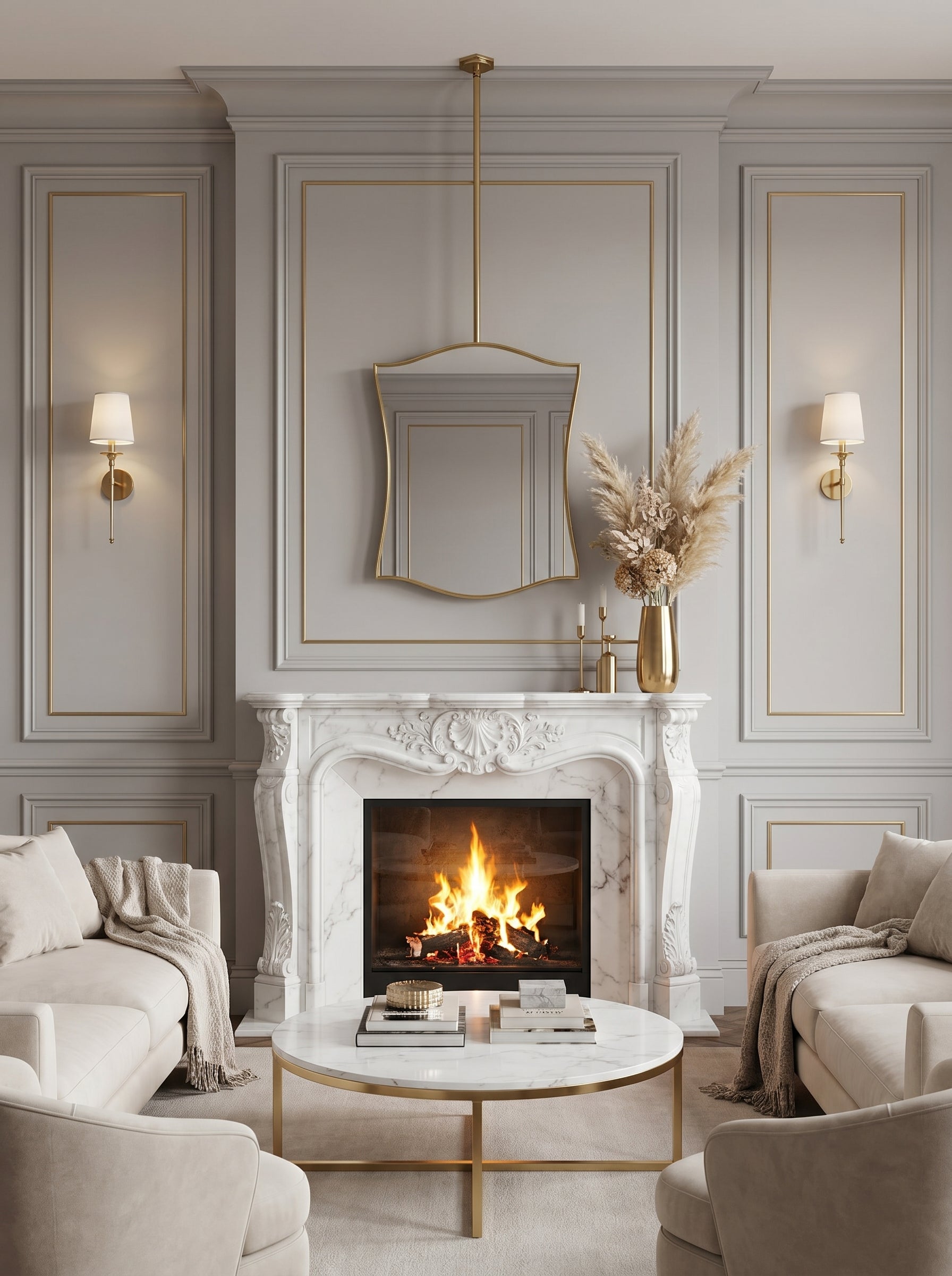 Suspended wavy brass mirror above marble fireplace in elegant living room