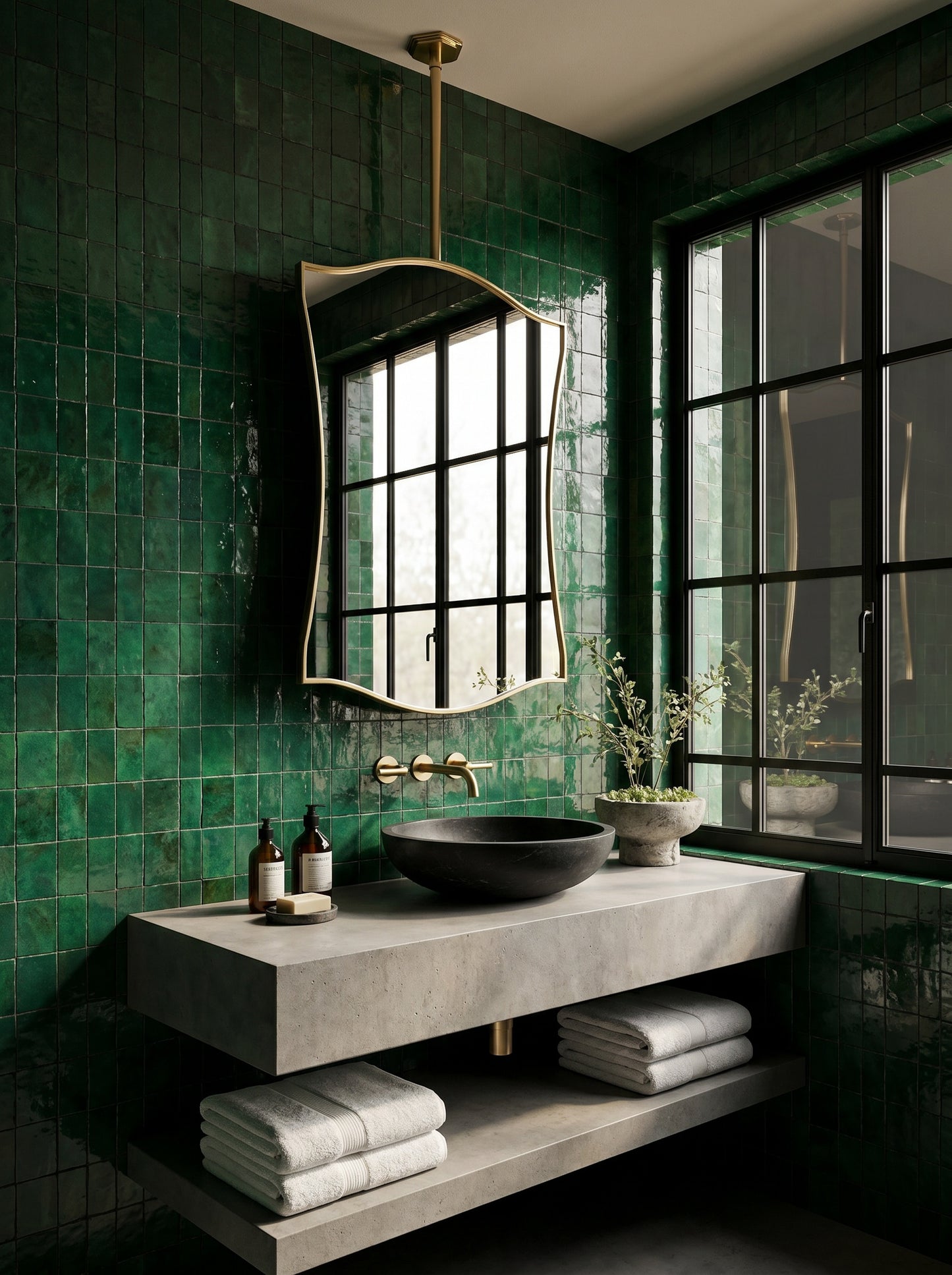 Suspended wave-edge brass mirror above a floating concrete vanity in a modern green tiled bathroom.