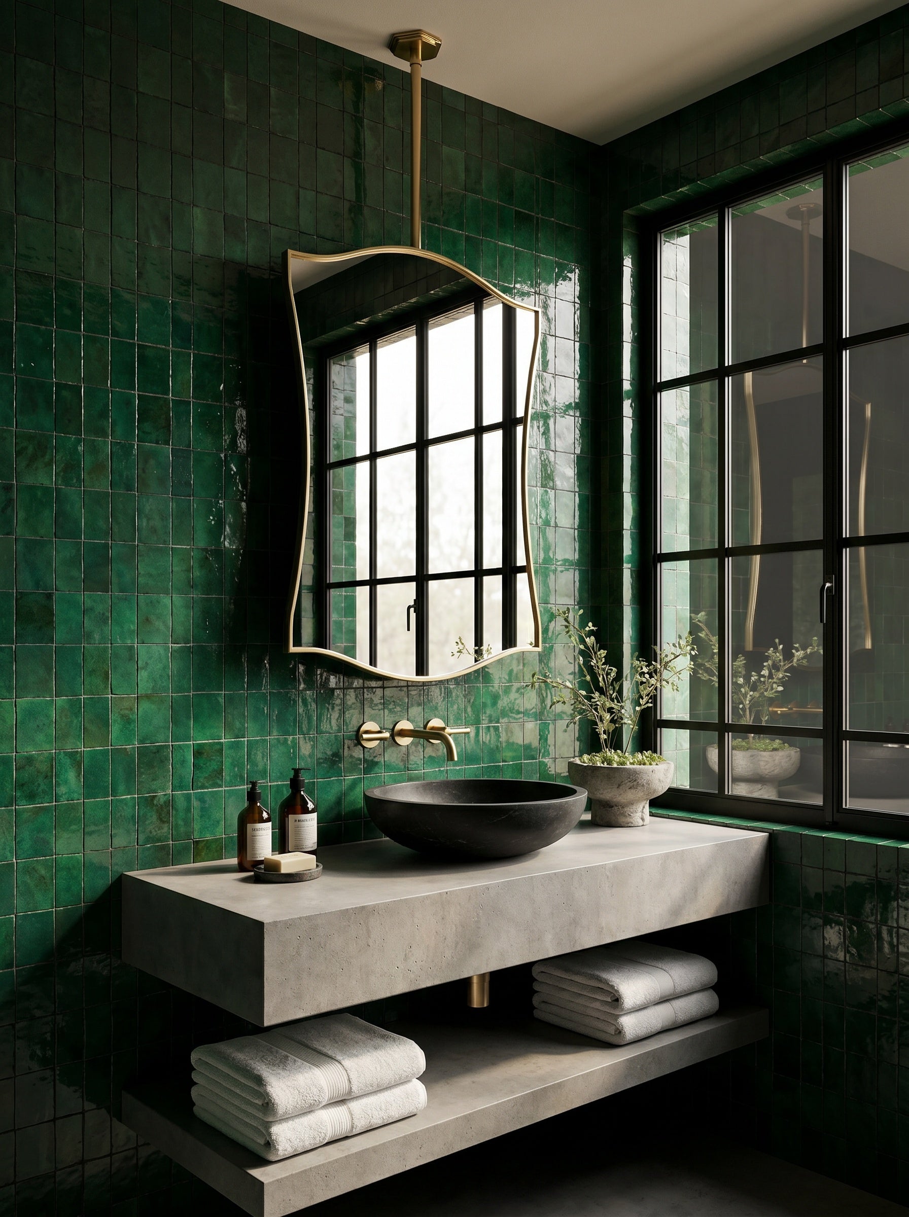 Suspended wave-edge brass mirror above a floating concrete vanity in a modern green tiled bathroom.