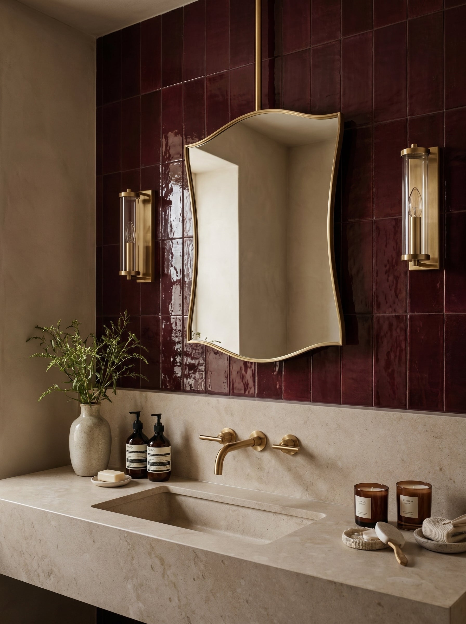Contemporary ceiling-mounted brass mirror with sculptural curves styled against glossy burgundy tile walls.
