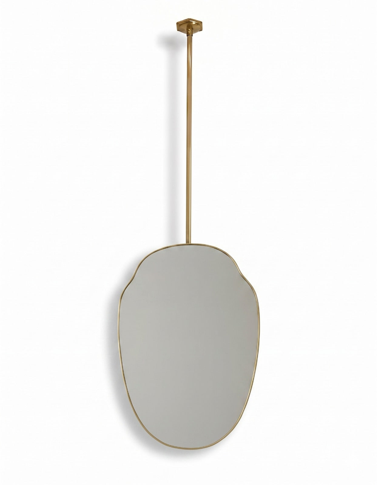 Ceiling mounted organic brass mirror with a slim handcrafted gold frame.