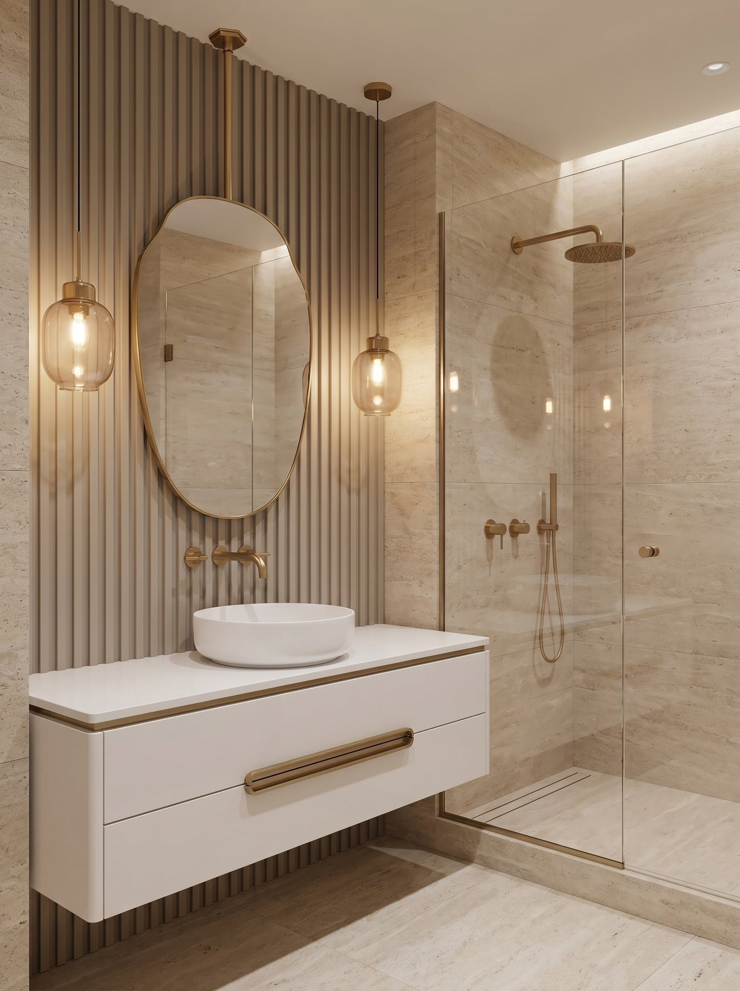 Hanging brass vanity mirror above a floating white bathroom cabinet.