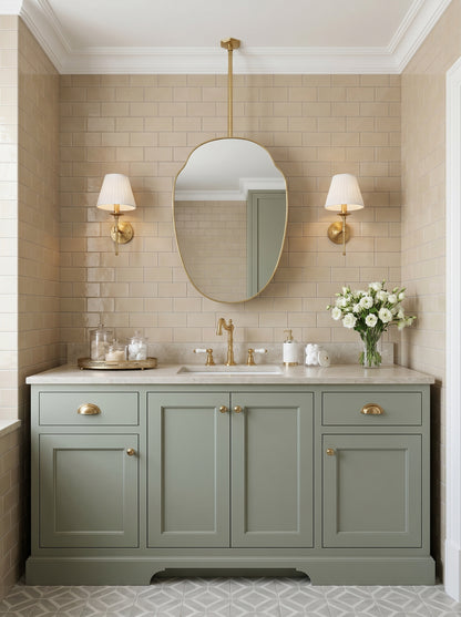 Organic brass hanging mirror over a sage green vanity with brass fixtures.